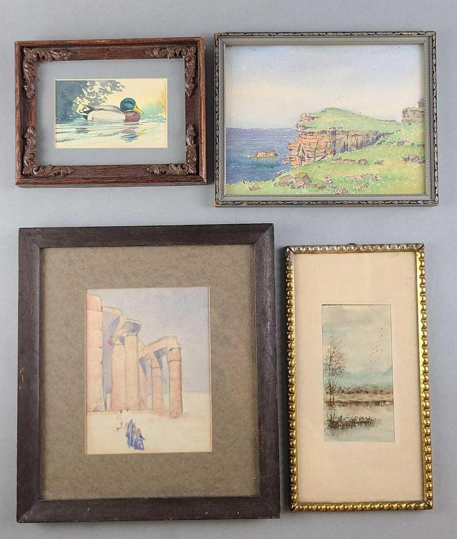 Variety of 4 Framed Watercolor Paintings: Watercolor on paper, largest frame is 12.5 x 11 inches. Duck, Scotland, ruins, pond scene.