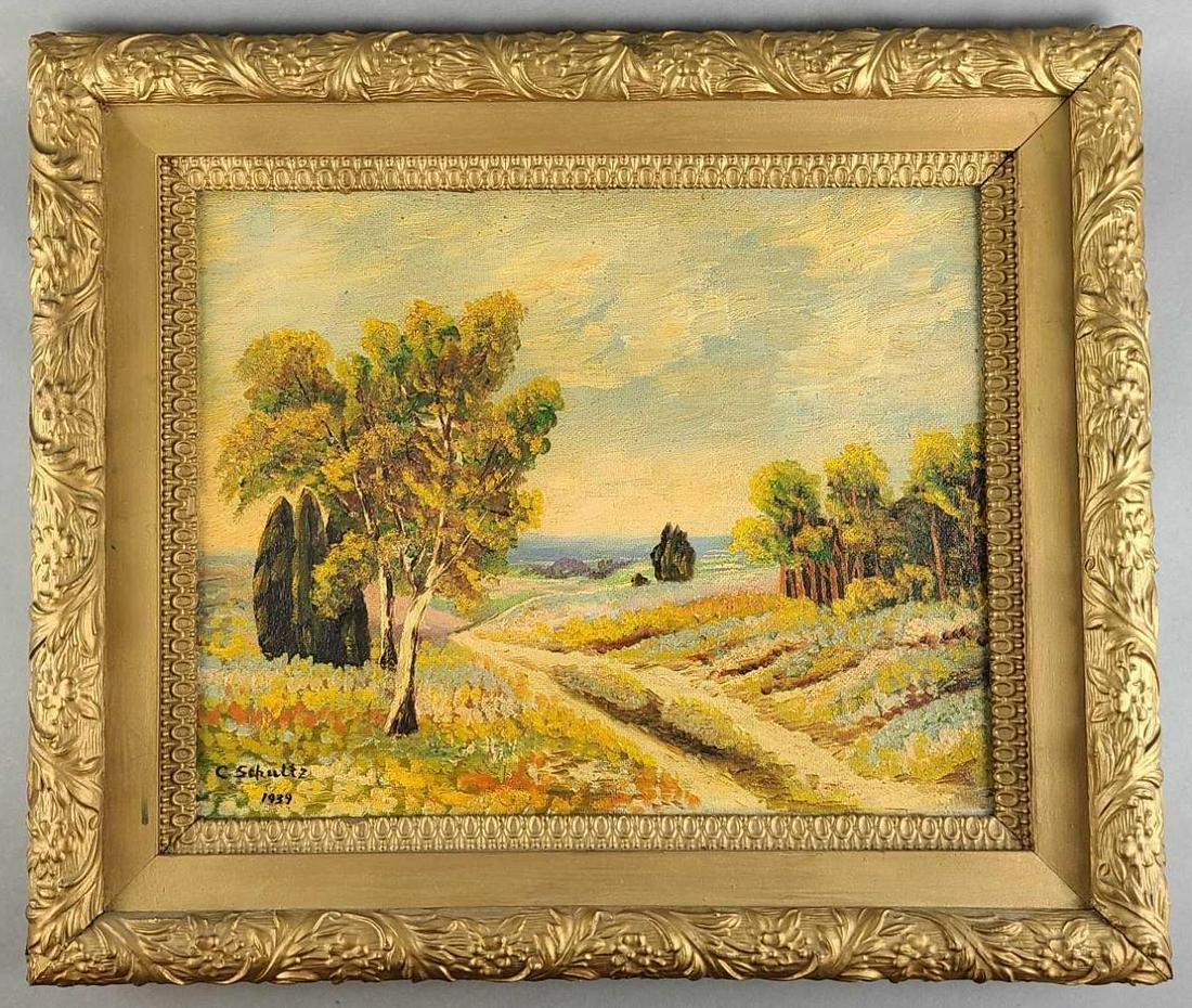 C. Schultz Impressionist Landscape Oil Painting: C. Schultz Impressionist Landscape Oil Painting on board/masonite. Signed, dated 1939, lower left corner. Heavily varnished, could use a a good cleaning. Frame 22.5 x 26.5, art 16 x 20 inches