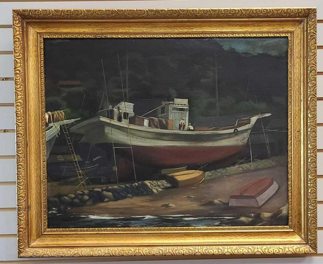 20th Century Reibel Ship in Dry Dock Oil Painting (1 of 6)
