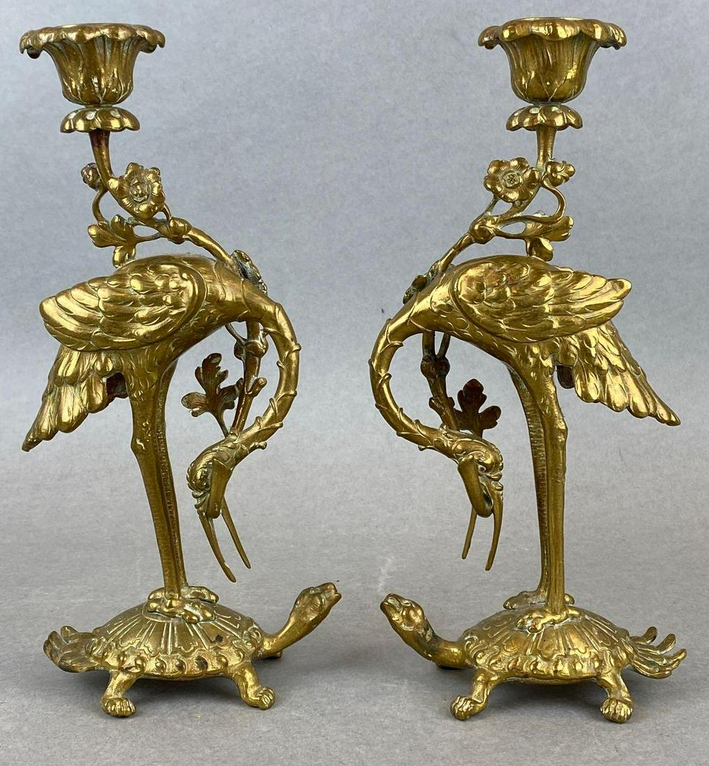Set of 2 Brass Crane and Turtle Candlesticks (1 of 5)