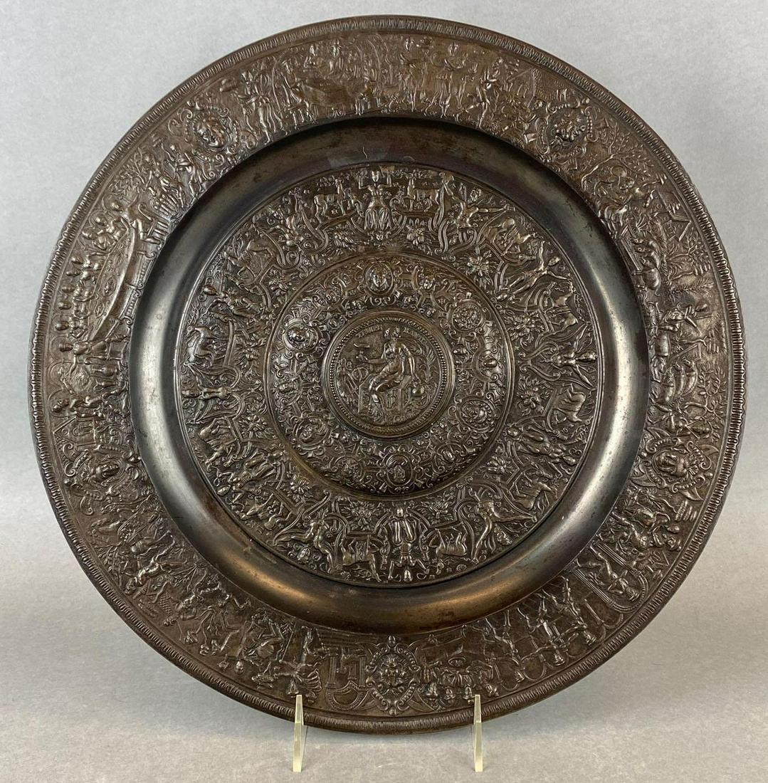 Victorian Temperantia charger: Figural wall charger, wall hang on back, measures 15in in diameter. Bronze