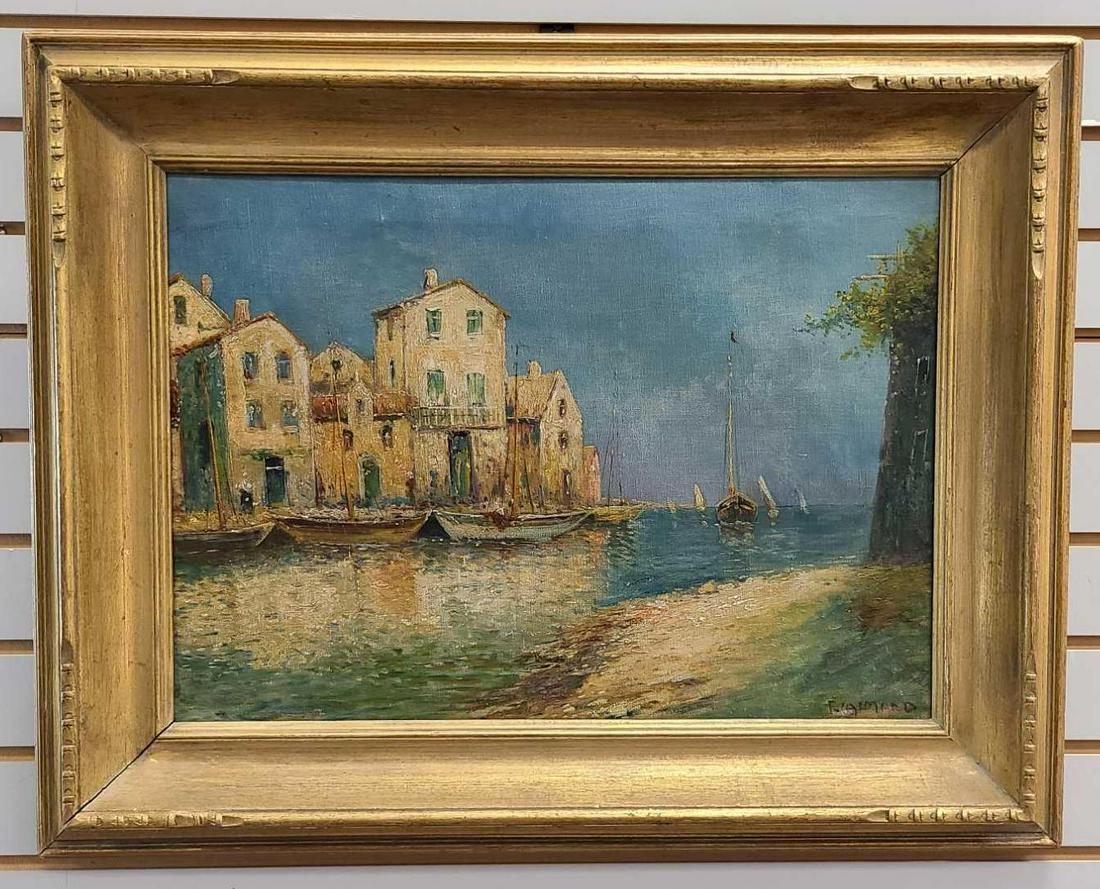 F.Calmard Impressionist French Coast Oil Painting: F.Calmard Impressionist French Coast Oil Painting on Canvas, signed lower left. Canvas needs to be restretched. Frame is aprx 22 by 29 inces, art is 15 by 21 inches.