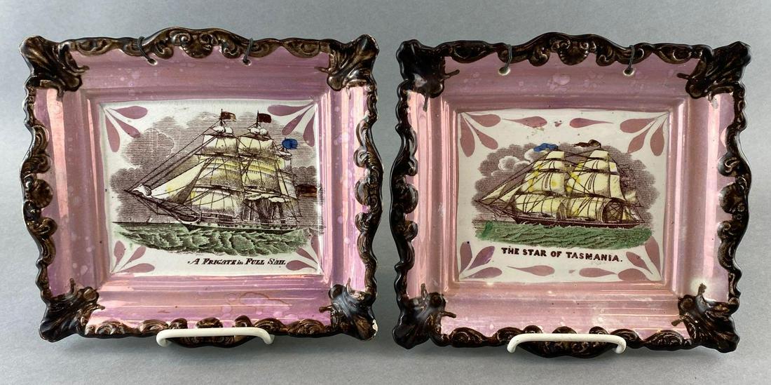 Group of 2 Sunderland Masonic Plaques: (1) The Star of Tasmania, and (1) A Frigate in Full Sail. Some chipping. Measures 9.5x8.5in.
