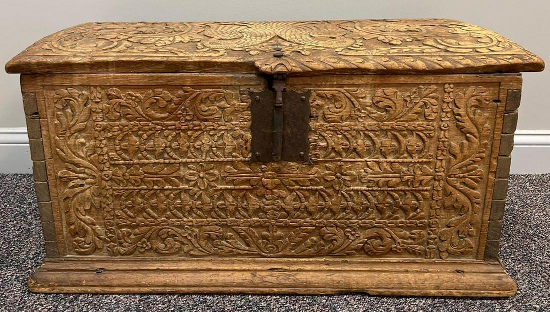 Antique Hand Carved Oak Trunk (1 of 7)