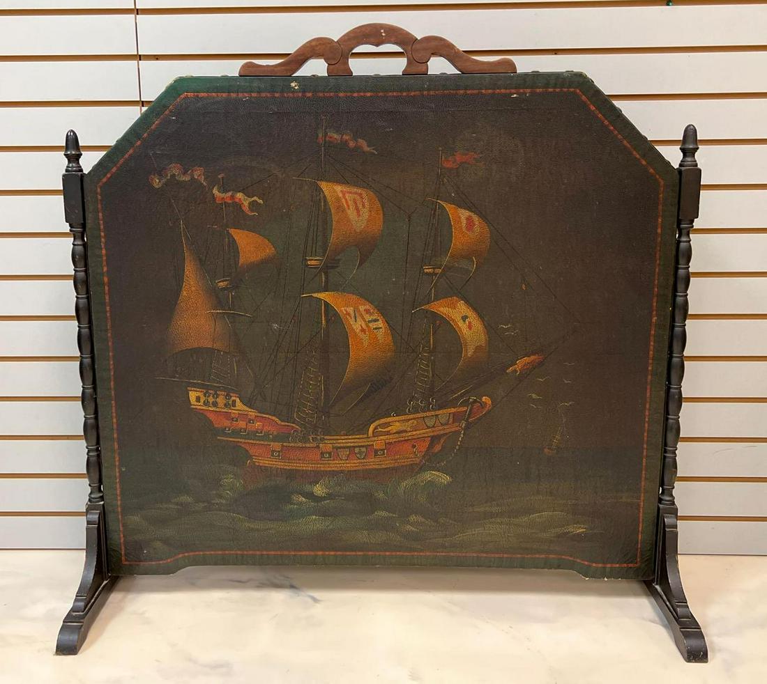 Antique Battleship Leather and Wood Fireplace Screen (1 of 6)