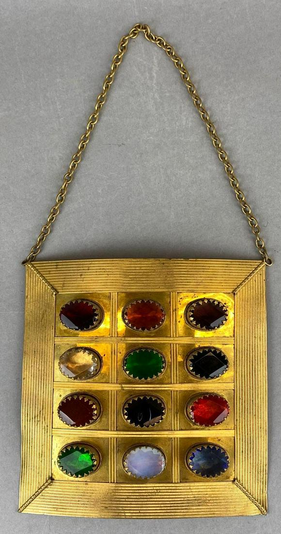 Order of Odd Fellows Tribes of Israel Breastplate: Faux stones adorned on gold tone metal plate, measures 8inx8in.