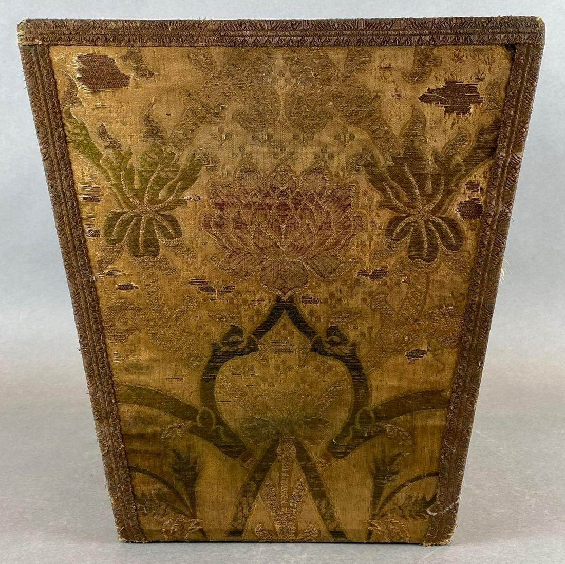 19th Century Fabric-Lined Embroidered Basket: Square container, some tears and fringing, measures 13.5x12.25in.