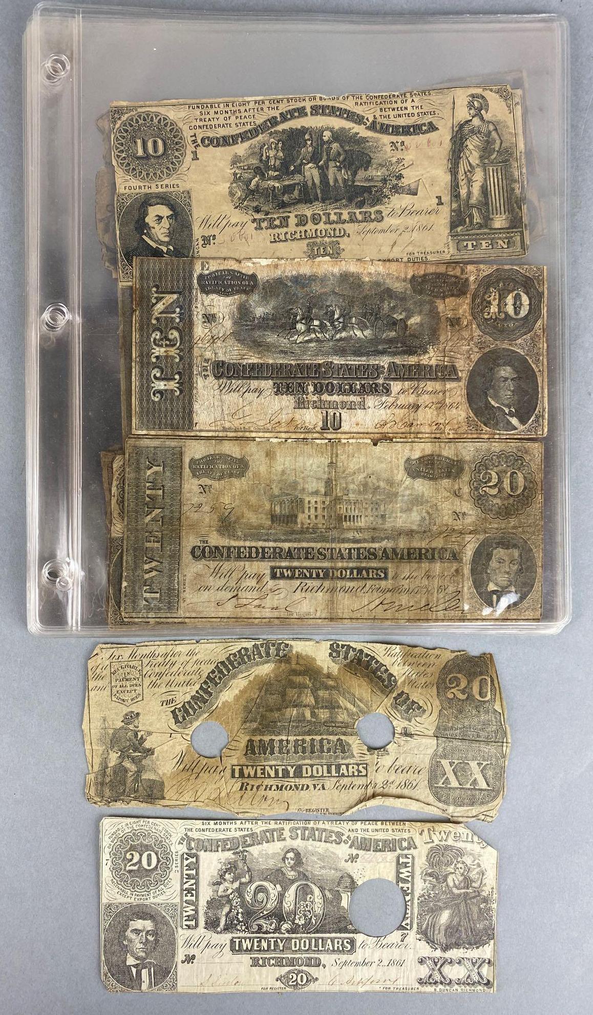 25 Pieces of Civil War Confederate and Obsolete: The State of Georgia, Grocers Bank, Confederate States of America-Richmond, The Exchange Bank of Virginia, and more. Various denominations and condition.