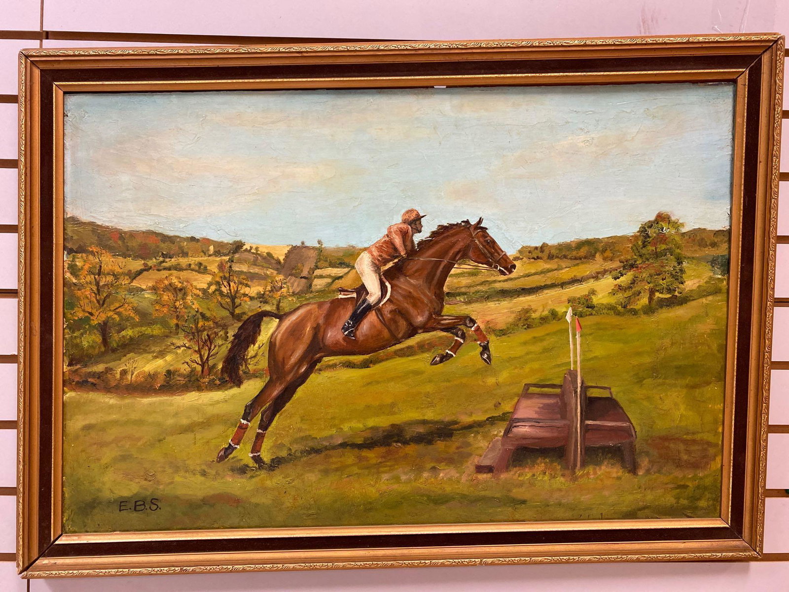 Attrb. Elmer Boyd Smith Signed Oil on Board: Signed E.B.S Jumping Practice, framed, 19.5x29.5 inches interior, 23x33.25 inches overall, warped