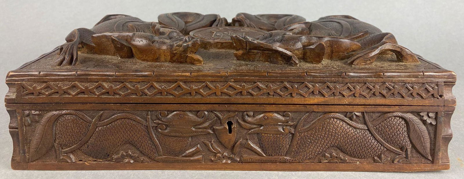 Ornate Walnut Carved Wood Box with Dragon motif (1 of 9)