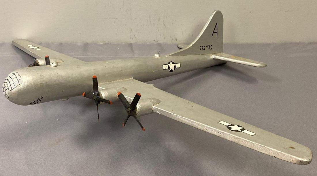 Model B29 Enola Gay Wood Folk Art Whirligig: Measures 30 x 42 inches. One propeller is broken.