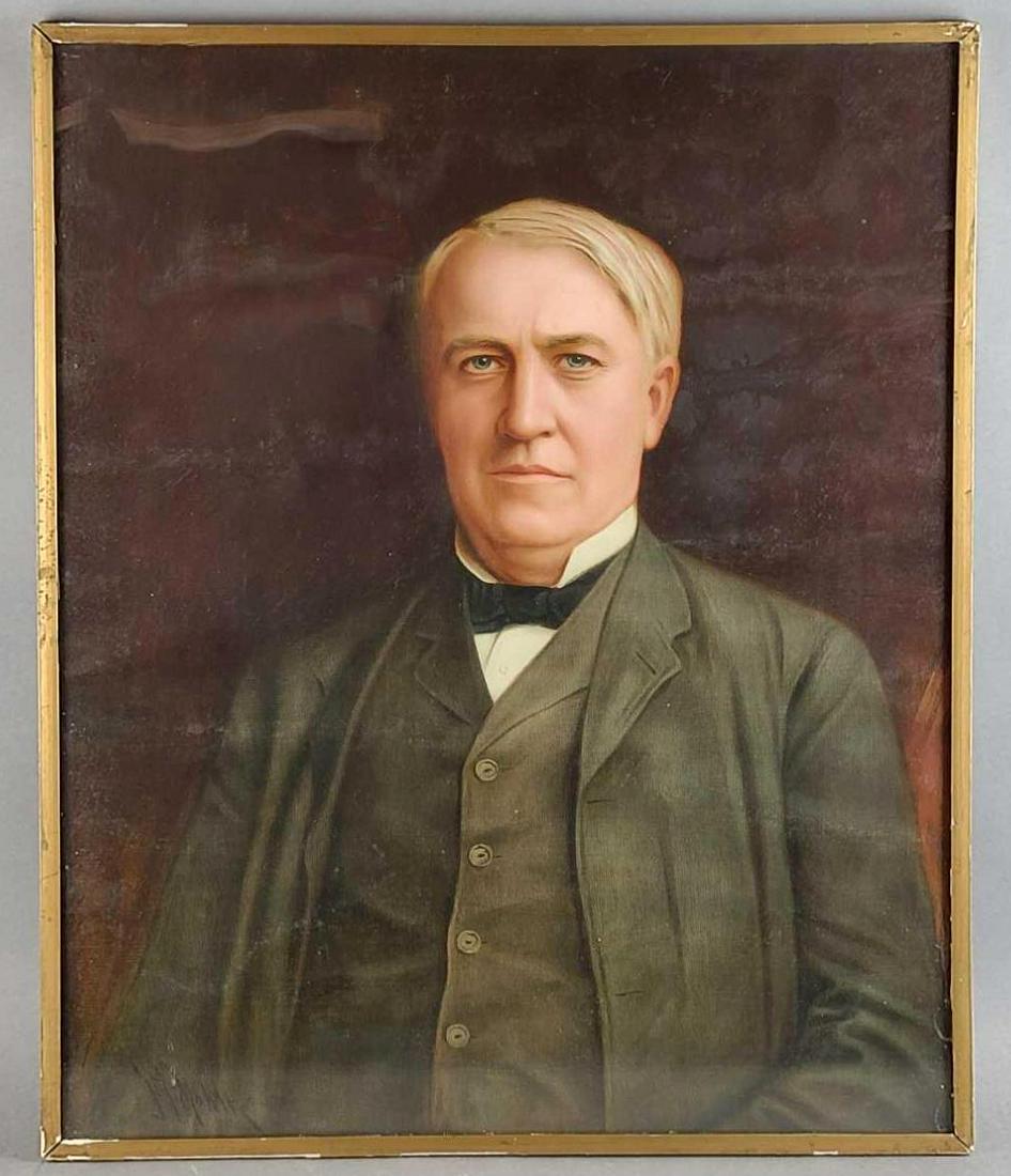 Thomas Edison Chromolithograph Dealer Display: Early Edison Phonograph dealer display. Signed Mohlke. Some mildew under glass. 28.5 x 23.5 inches
