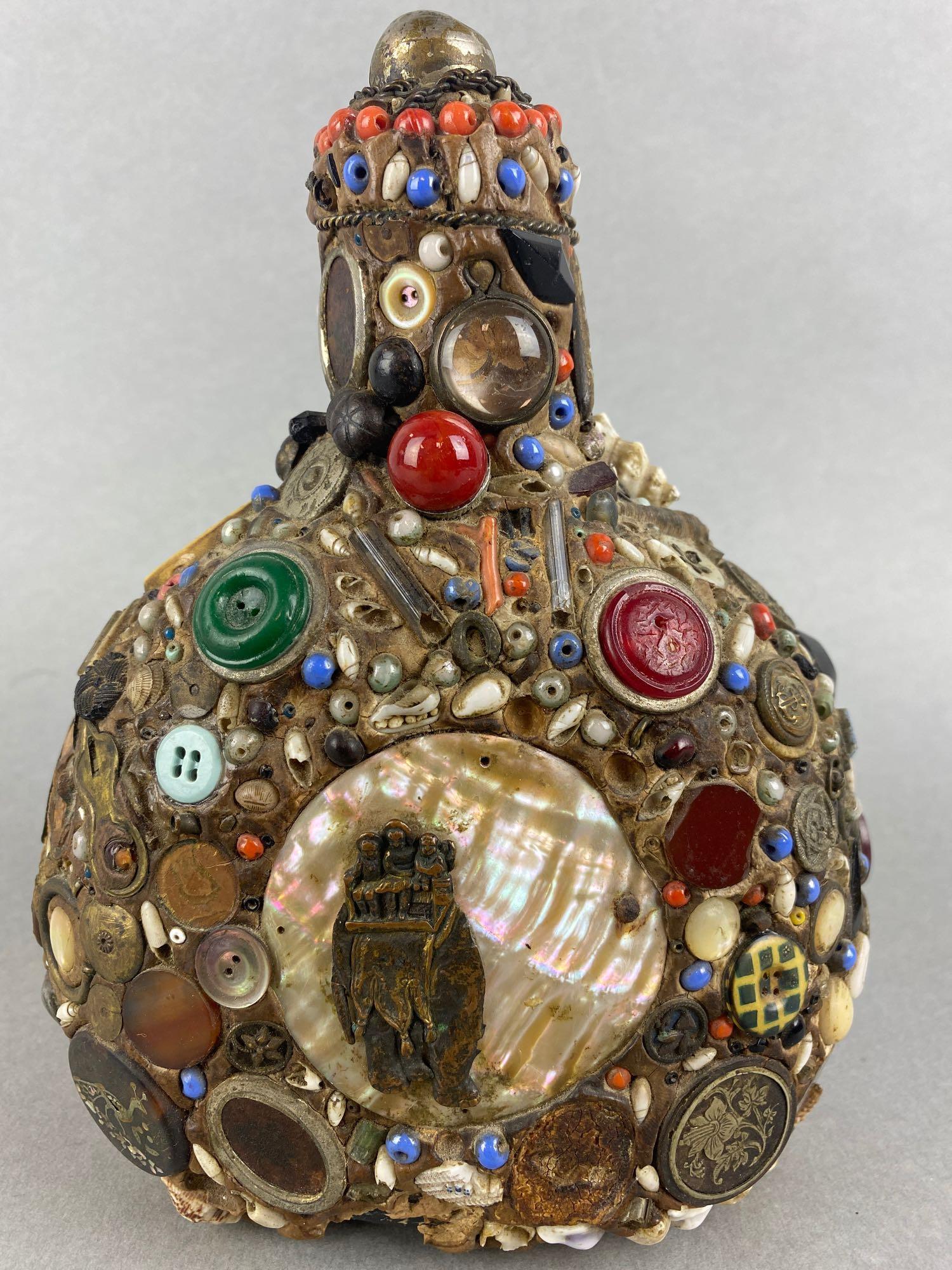 Fantastic 19th Century Folk Art Memory Jug/Flask: 7.75x6x3.75, shells, buttons, beads, and more