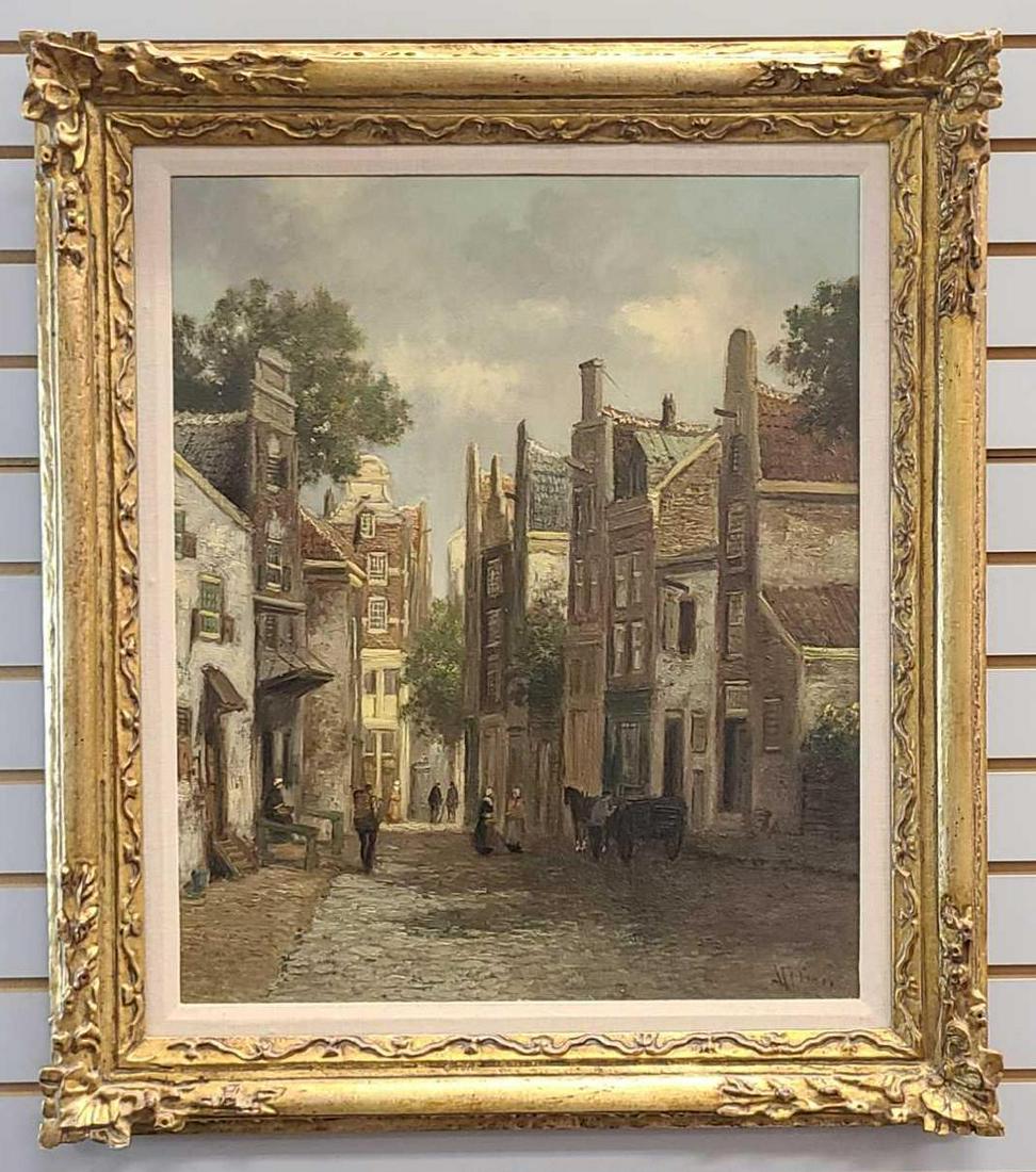 20th Century Herman Veger Belgium Street Scene Oil: 20th Century Herman Veger Belgium Street Scene Oil Painting on canvas, Signed bottom right. Frame 31 x 27, art 24 x 20 inches