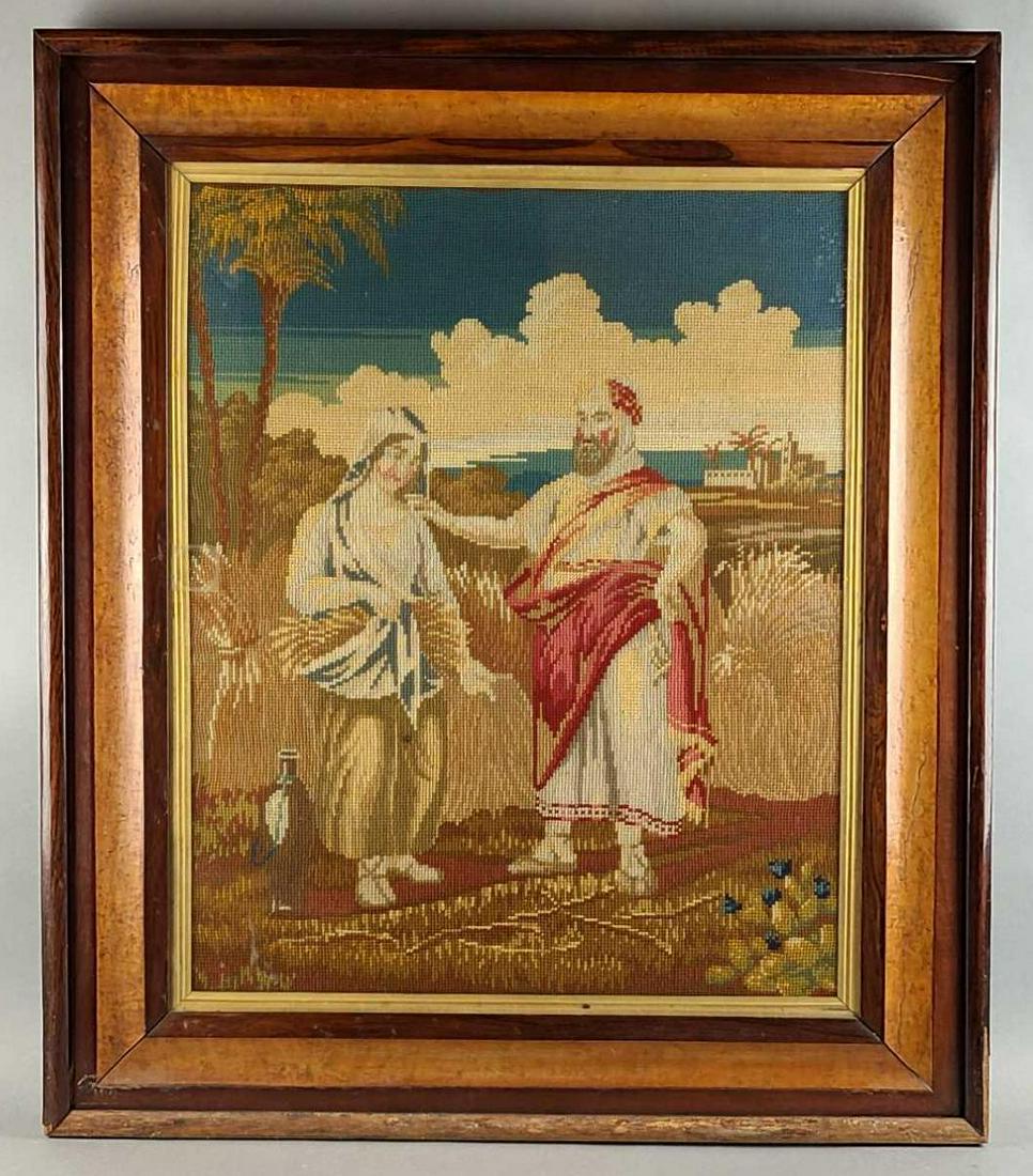 Fine 19th Century Needlepoint Ruth in Boaz's Field: Fine 19th Century Needlepoint Ruth in Boaz's Field in period frame 35 x 30.5, art 27 x 22 inches