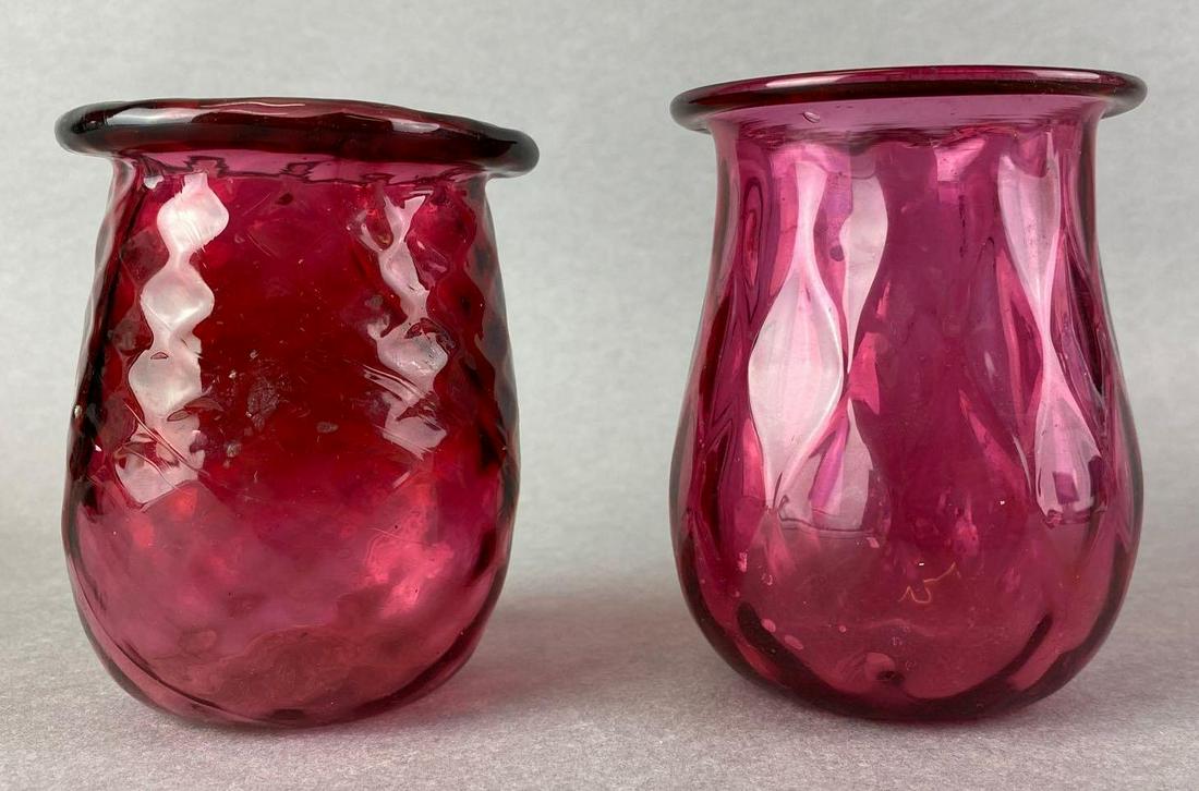 18th-19th Century Group of 2 Blown Glass Cups: pink glass, both have pontil mark, largest is 3.75 inches tall mt. washington optic glass diamond pattern