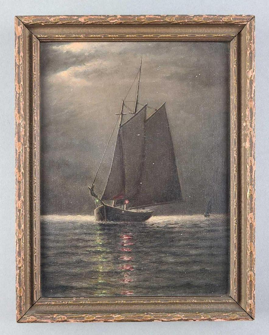 Early 20th Century Nightscene Ship at Sea Oil Painting (1 of 5)