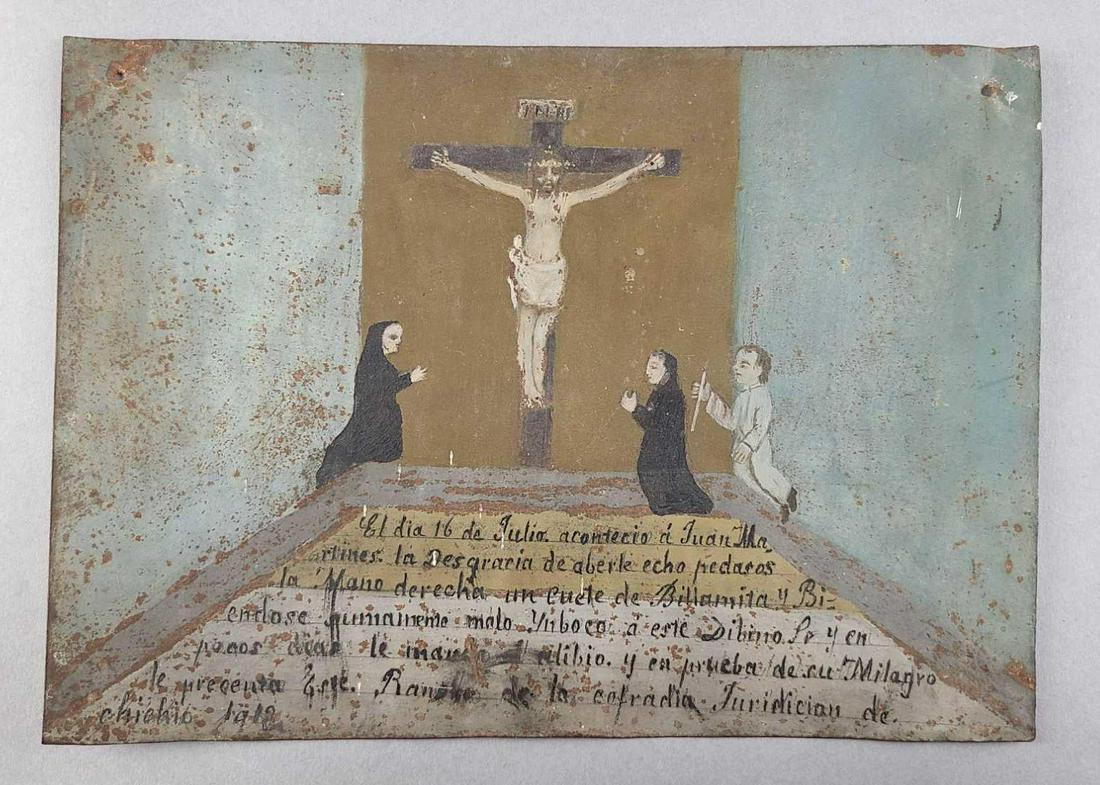 1916 Mexican Tin Retablo Crucifixion of Jesus (1 of 4)