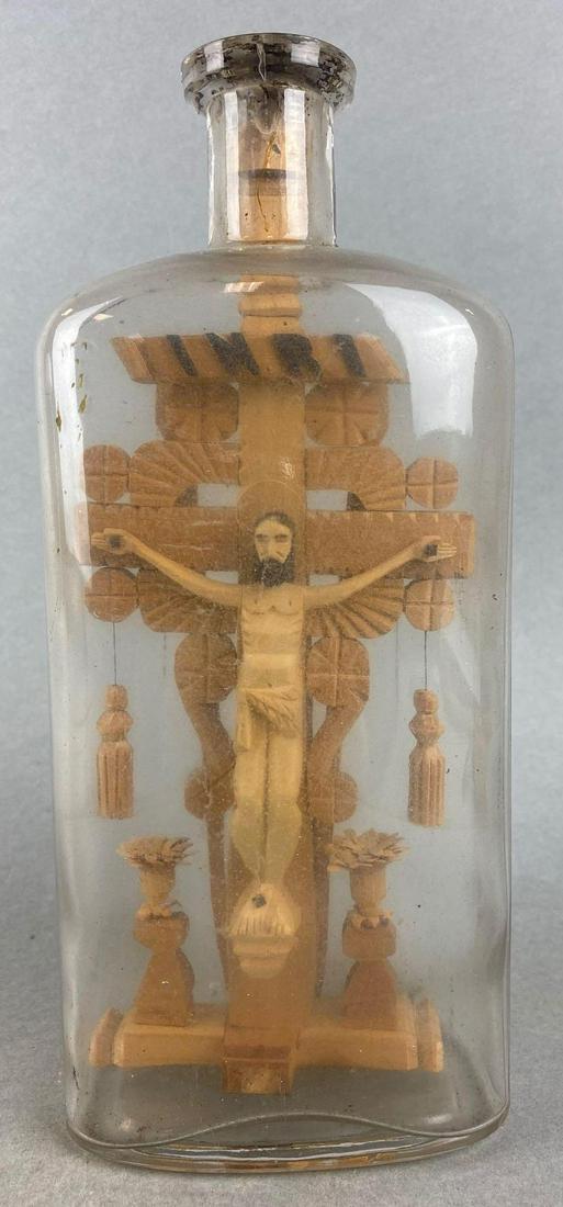 Circa 1900 Carved wood crucifix in bottle (1 of 8)