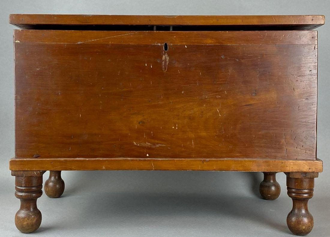 19th Century Sugar Chest: Possibly Ohio or Kentucky origin. 18x26x15 inches, dovetail joints, turned legs, no key, wear consistent with age and use