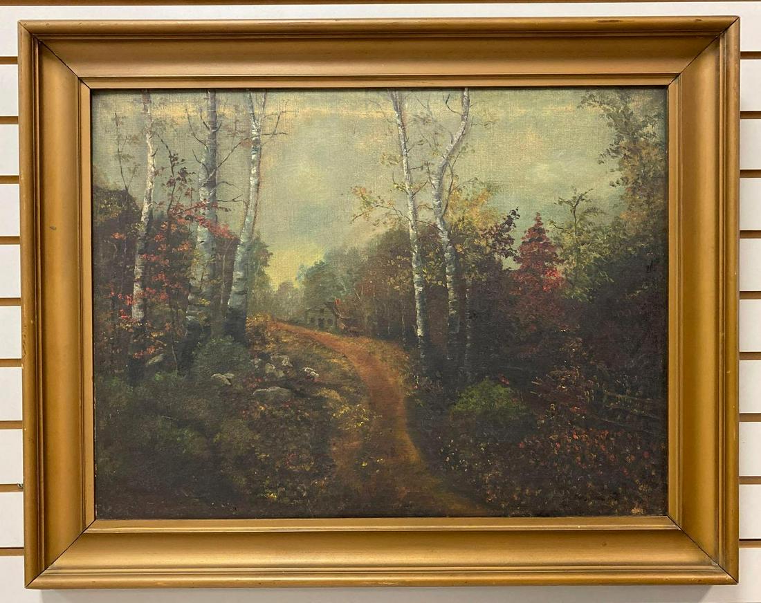 20th Century Birch Woods Landscape Oil on Canvas: Dated 1910 Frame measures 26 x 32.625 inches. Canvas measures 20.5 x 27.25 inches. Signed on the reverse.