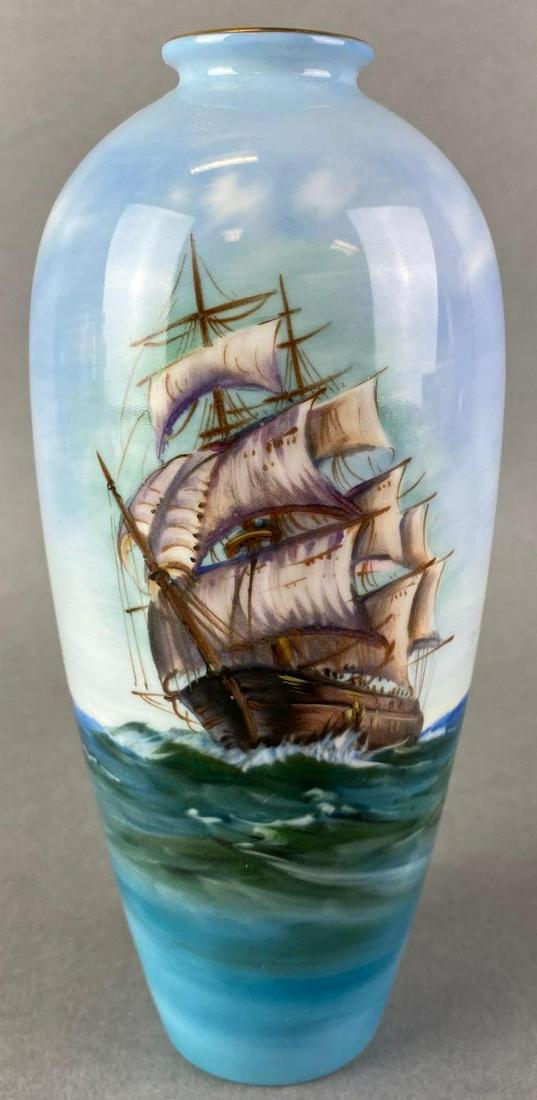 Noritake Bone China Ship Vase: artist signed, bottom reads Japan, 7 inches tall