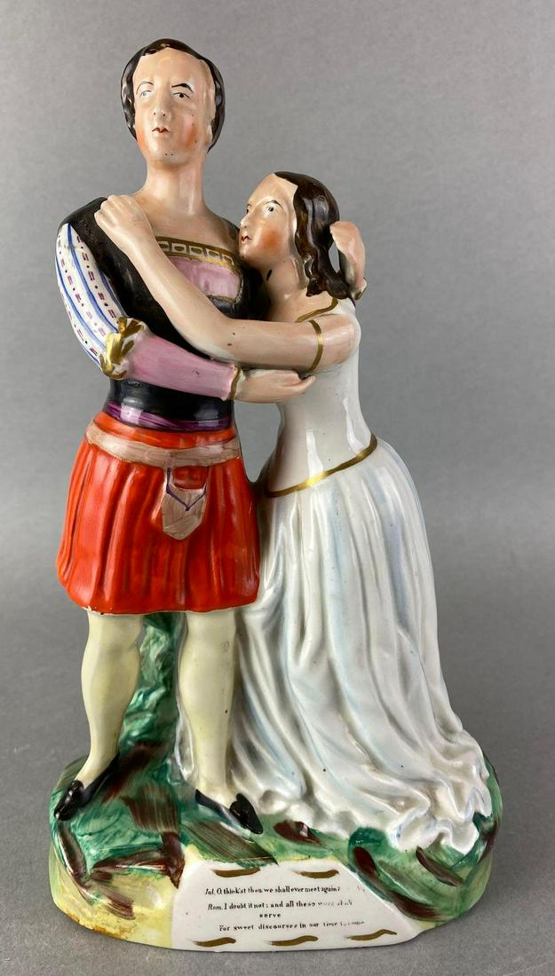 Staffordshire Romeo and Juliet Figurine: circa 1800s-1900s, hand painted, some cracks, missing fingers, 10.25 inches tall
