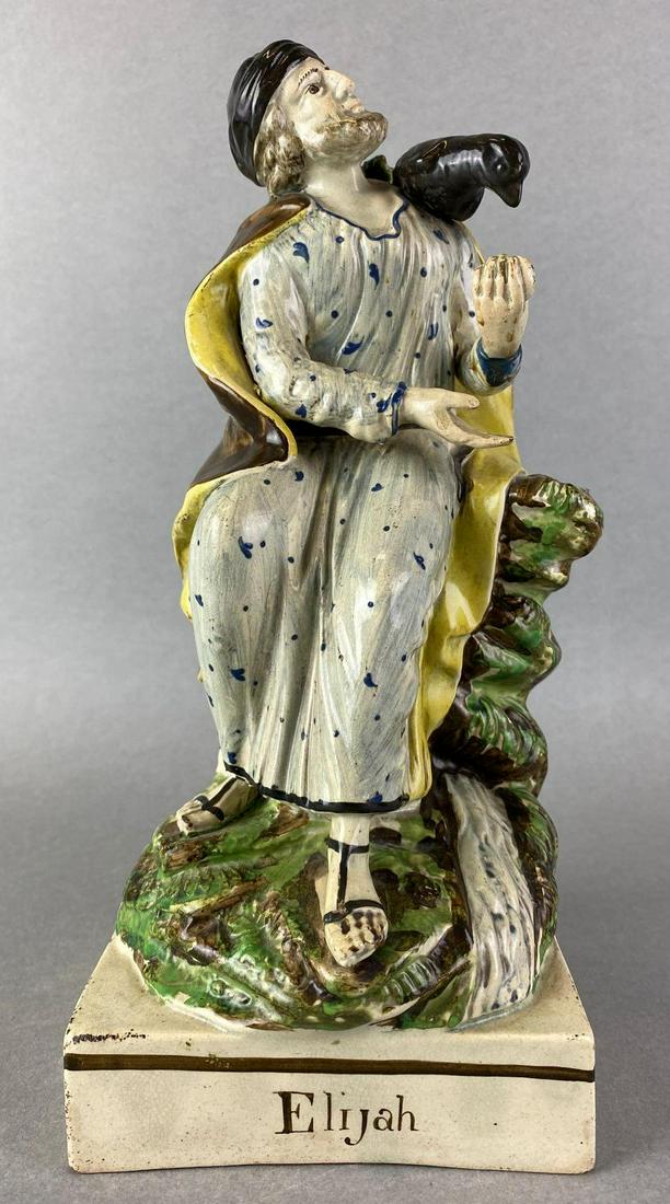 Staffordshire Elijah Pearlware Figurine: circa 1800s, hand painted, crazing, some cracks, 10 inches tall