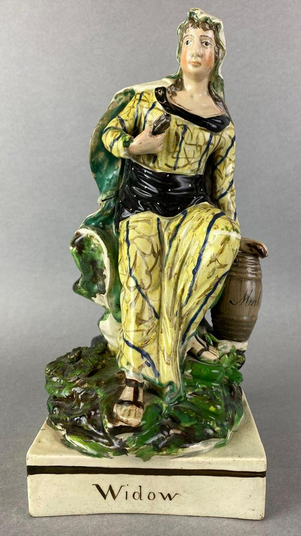 Staffordshire Widow Pearlware Figurine: circa 1800s, hand painted, some crazing, cracks, chipping paint, 9.5 inches tall