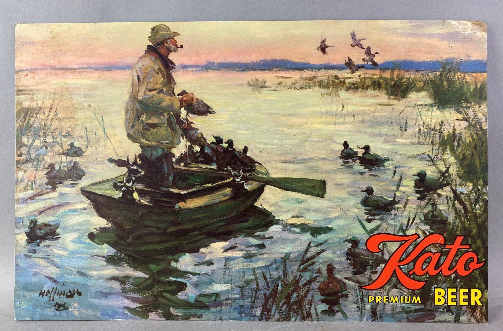 Kato Premium Beer Cardboard Advertising Sign: top right corner is slightly torn, 12.5X20.75 inches