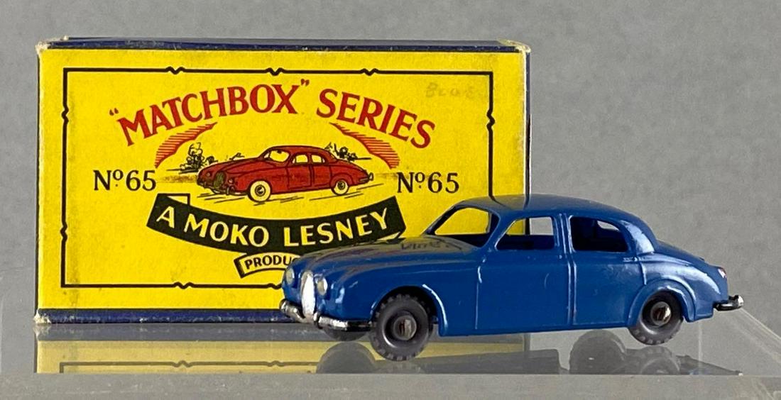 Matchbox No. 65 Jaguar 3.4 Litre die-cast vehicle: Blue body, GPW. A Moko Lesney Product