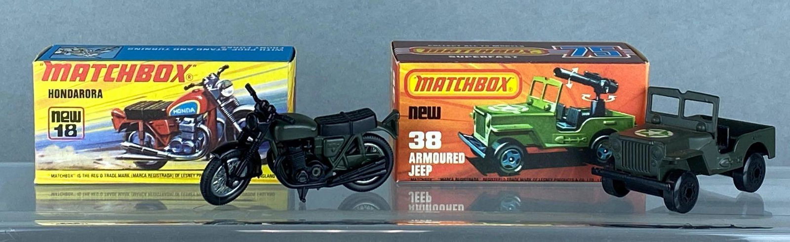 Group of 2 Matchbox die-cast vehicles: No. 18 Hondarora and No. 38 Armoured Jeep. Olive green bodies, BPW. A Lesney Product