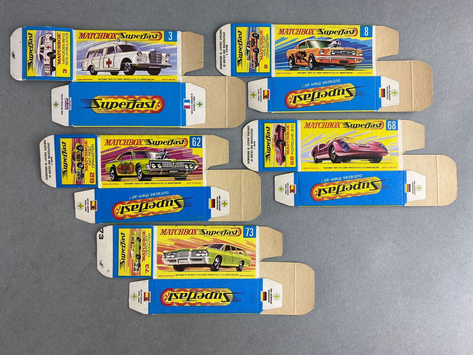 Group of 5 Matchbox G Type Boxes-EMPTY: No. 3, 8, 62, 68, and 73. EMPTY