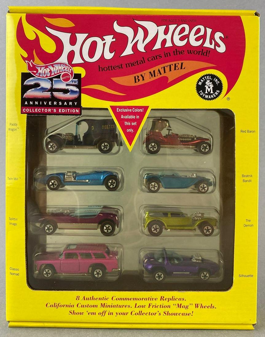 Hot Wheels 25th Anniversary Collectors Edition set: 8-piece die-cast Series 1 commemorative vehicles, new in original packaging, some minor shelf wear