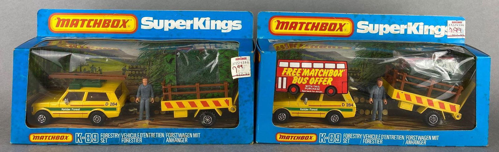 Group of 2 Matchbox SuperKings No. K-89 Forestry Set: Die-cast vehicles with figure and accessories, new in original packaging, some shelf wear