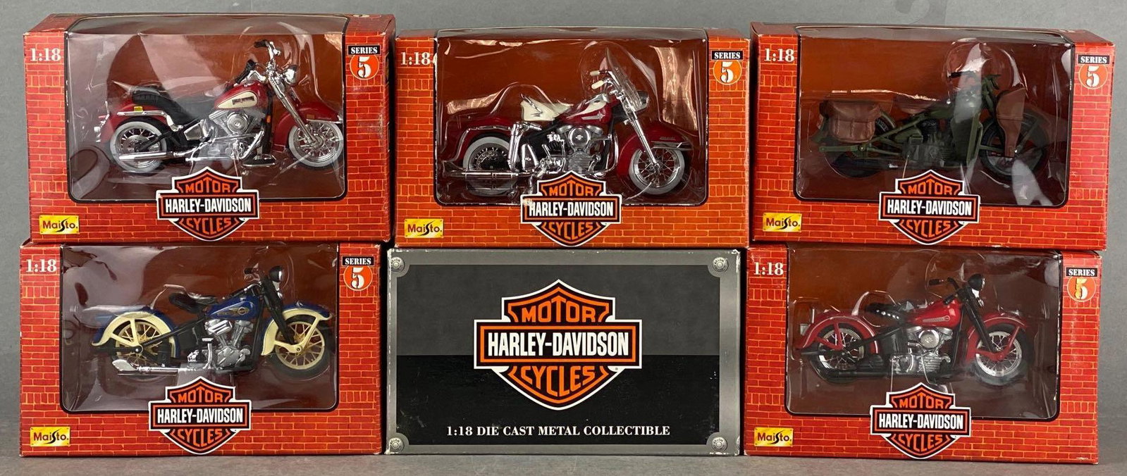 Group of 6 Maisto Harley-Davidson die-cast motorcycles: 1/18 scale, new in original packaging, some shelf wear