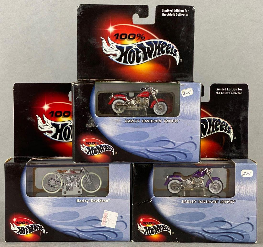 Group of 3 100% Hot Wheels Harley-Davidson die-cast motorcycles: New in original packaging, some shelf wear