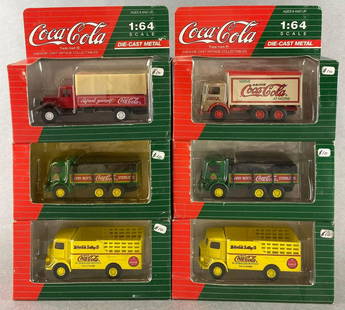 Group of 6 Hartoy Coca-Cola die-cast vehicles: 1/64 scale delivery trucks, new in original packaging, some shelf wear