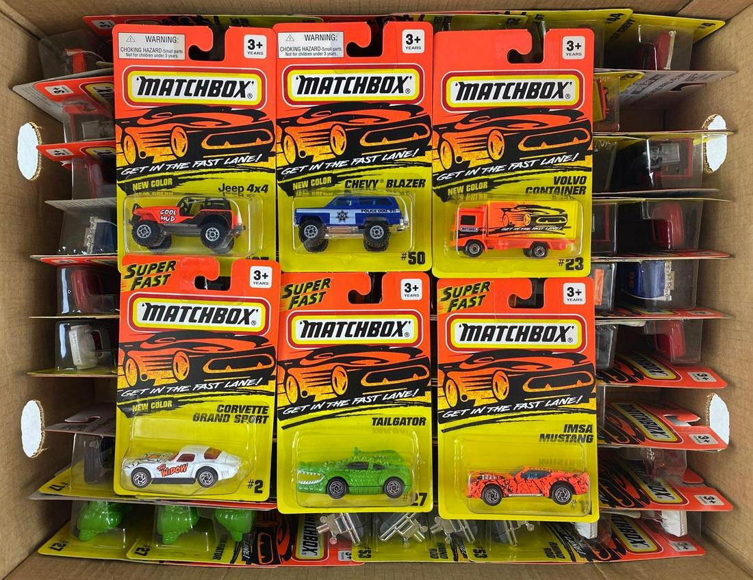 Group of 80+ Matchbox Superfast die-cast vehicles: No. 50 Chevy Blazer, No. 10 Dodge Viper RT/10, No. 35 Pontiac Stock Car, and more. New in original packaging. 1994 Matchbox Toys (USA) Ltd.