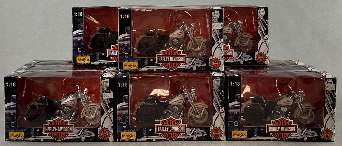 Group of 12 Maisto Harley-Davidson die-cast vehicles: One style, 1/18 scale, new in original packaging, some shelf wear