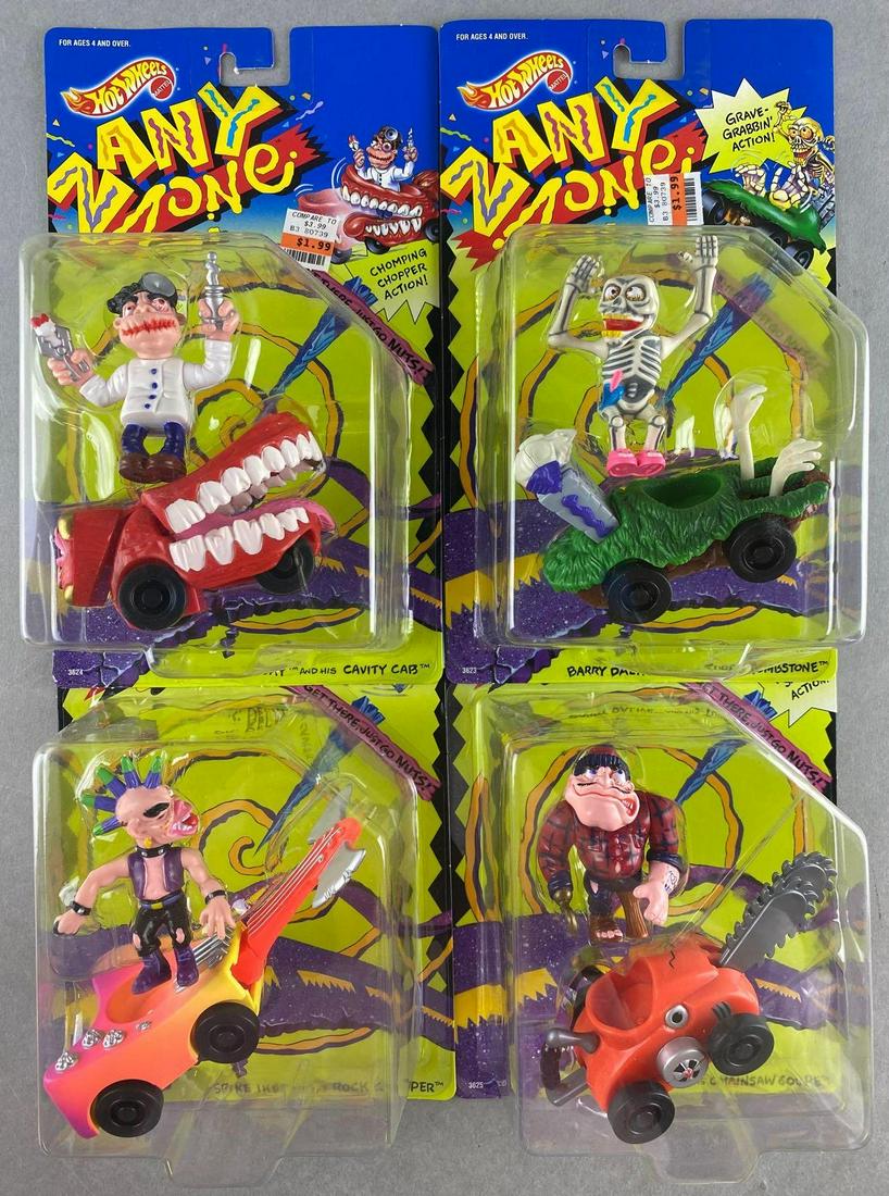 Group of 4 Hot Wheels Zany Zone figure and vehicle sets: Spike Ike and his Rock Chopper, Woody Hackit and his Chainsaw Coupe, Barry Dalive and his Turbo Tombstone, and Dr. Decay and his Cavity Cab. New in original packaging
