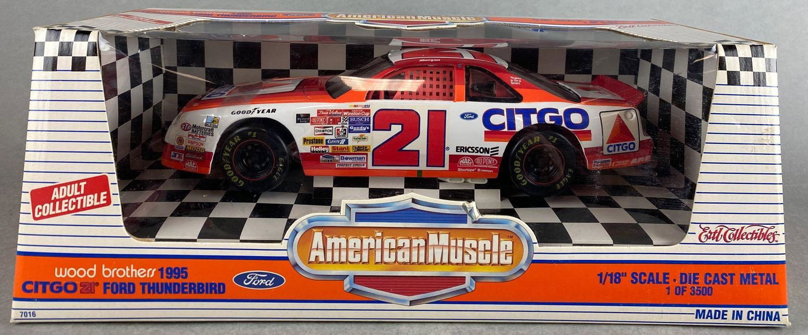 Ertl Collectibles American Muscle Morgan Shepherd No. 21 Stock Car: 1/18 scale, die-cast, 1995 Wood Brothers Citgo 21 Ford Thunderbird, in original packaging
