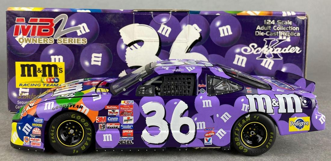 Team Caliber Ken Schrader No. 36 Stock Car: 1/24 scale, die-cast, 2002 M&Ms Purple Color Vote Winner Pontiac Grand Prix, with original packaging