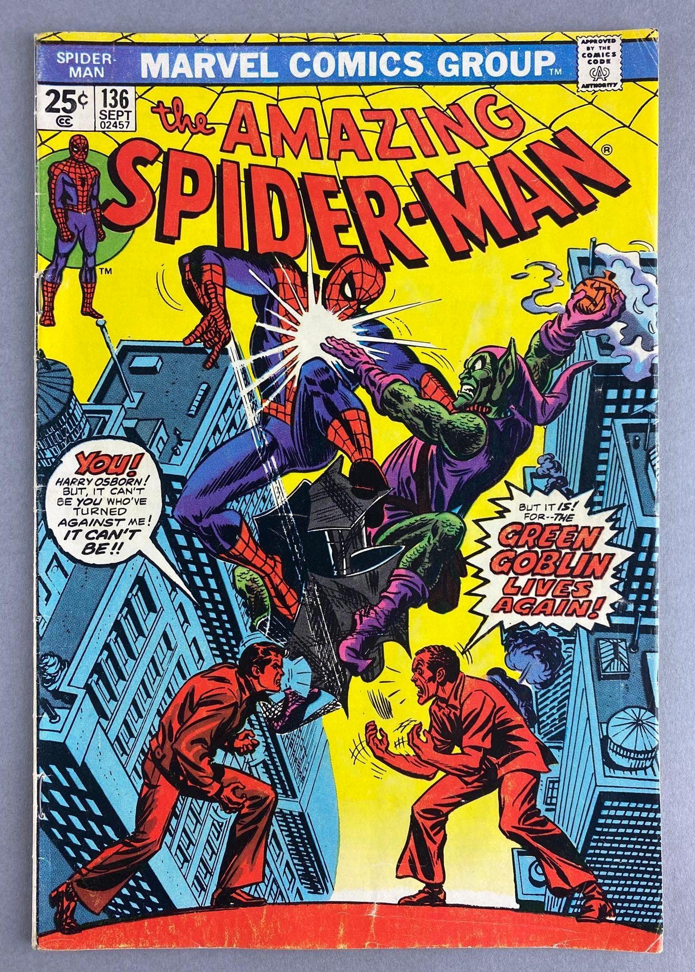 Marvel Comics The Amazing Spider-Man No. 136: 1st Appearance of Green Goblin II (Harry Osborn), September 1974, Bronze Age, $.25, bagged and boarded