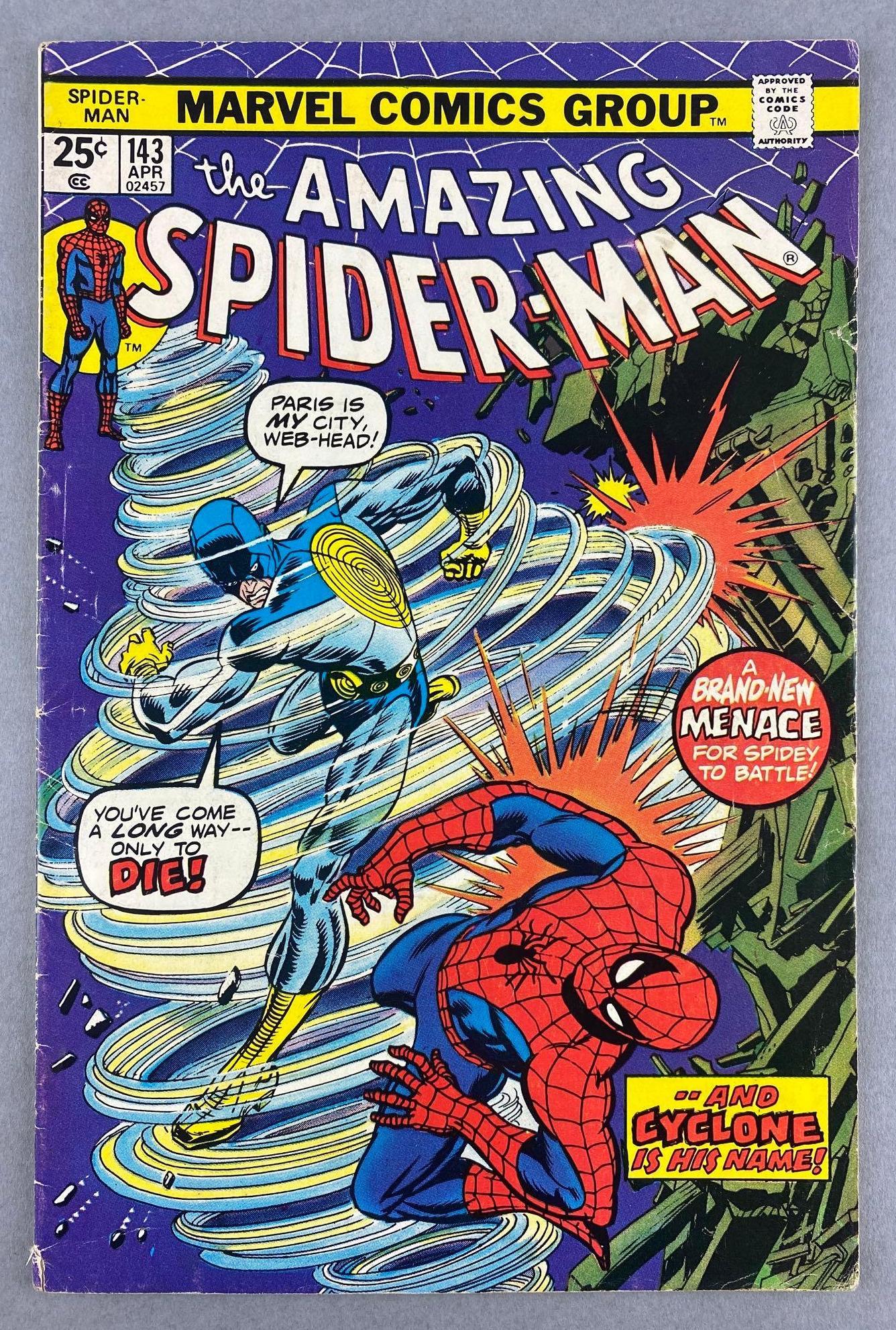 Marvel Comics The Amazing Spider-Man No. 143: 1st Appearance of Cyclone (Andre Gerard) - 1st Kiss Between Peter Parker and Mary Jane Watson. April 1975, Bronze Age, $.25, bagged and boarded
