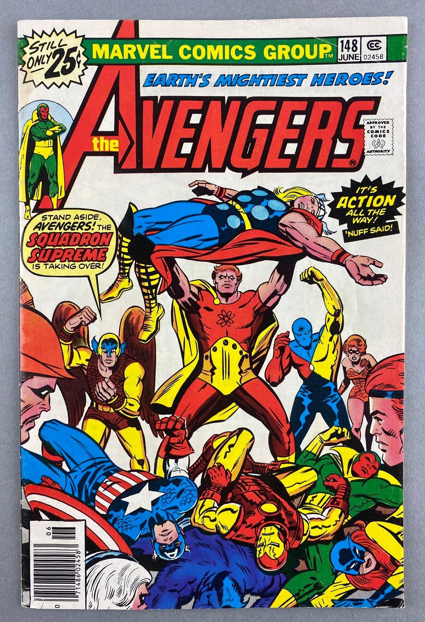 Marvel Comics The Avengers No. 148: 1st Appearance of Amphibian (Kingsley Rice). Squadron Supreme Appearance. Jack Kirby Cover Art. Newstand Edition, June 1976, Bronze Age, $.25, bagged and boarded