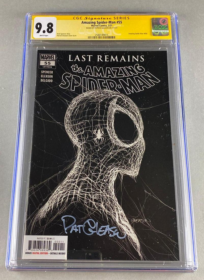Signed CGC Graded Marvel Comics Amazing Spider-Man No. 55: Signed by Patrick Gleason on 1/11/21. CGC Grade 9.8, White pages, February 2021, Modern Age, $3.99. Nick Spencer story, Patrick Gleason cover and art. Amazing Spider-Man No. 856