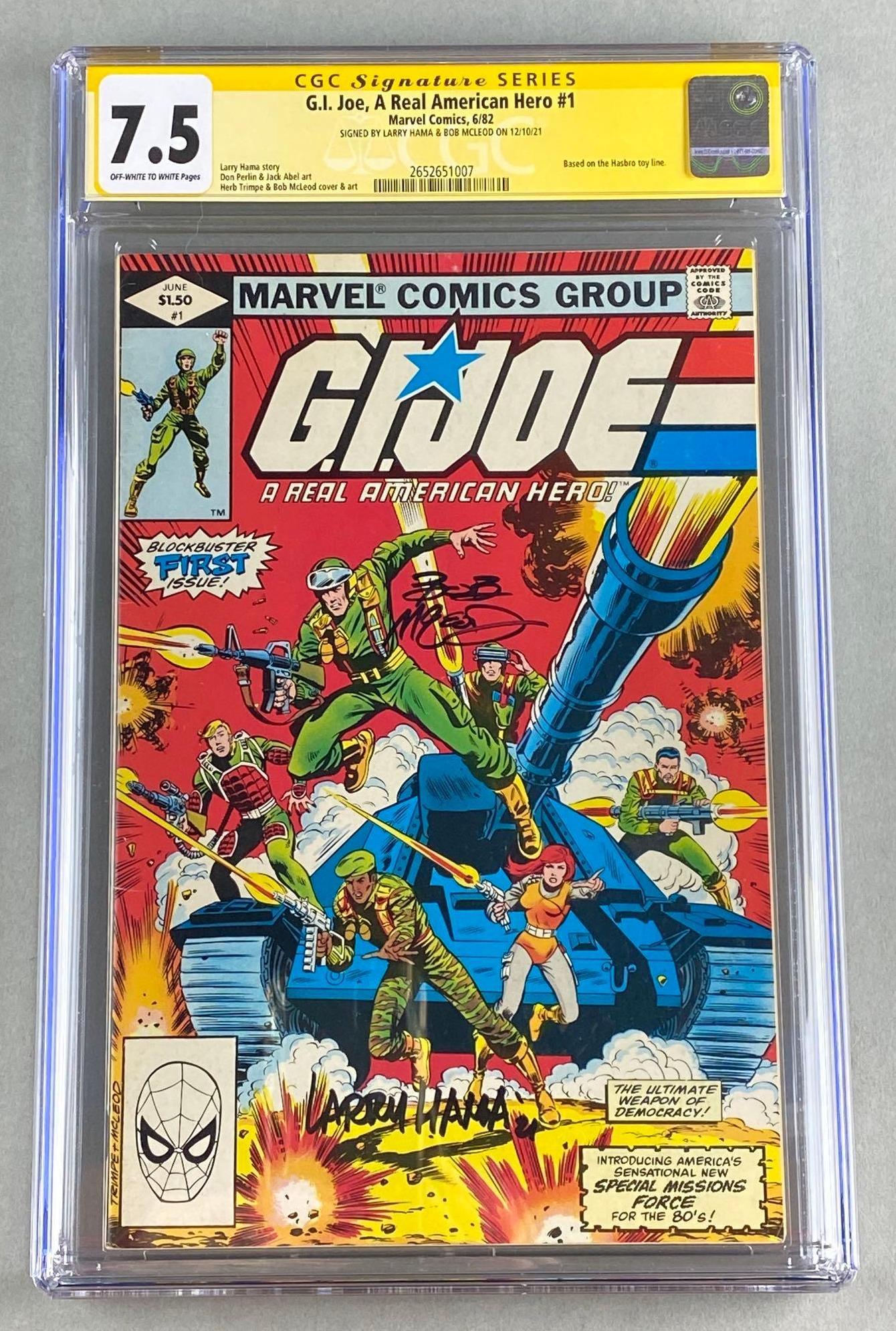 Signed CGC Graded Marvel Comics G.I. Joe, A Real American Hero No. 1: Signed by Larry Hama and Bob McLeod on 12/10/21. CGC Grade 7.5, Off-White to White pages, June 1982, Bronze Age $1.50. Larry Hama story, Don Perlin and Jack Abel art, Herb Trimpe and Bob McLeod cover 