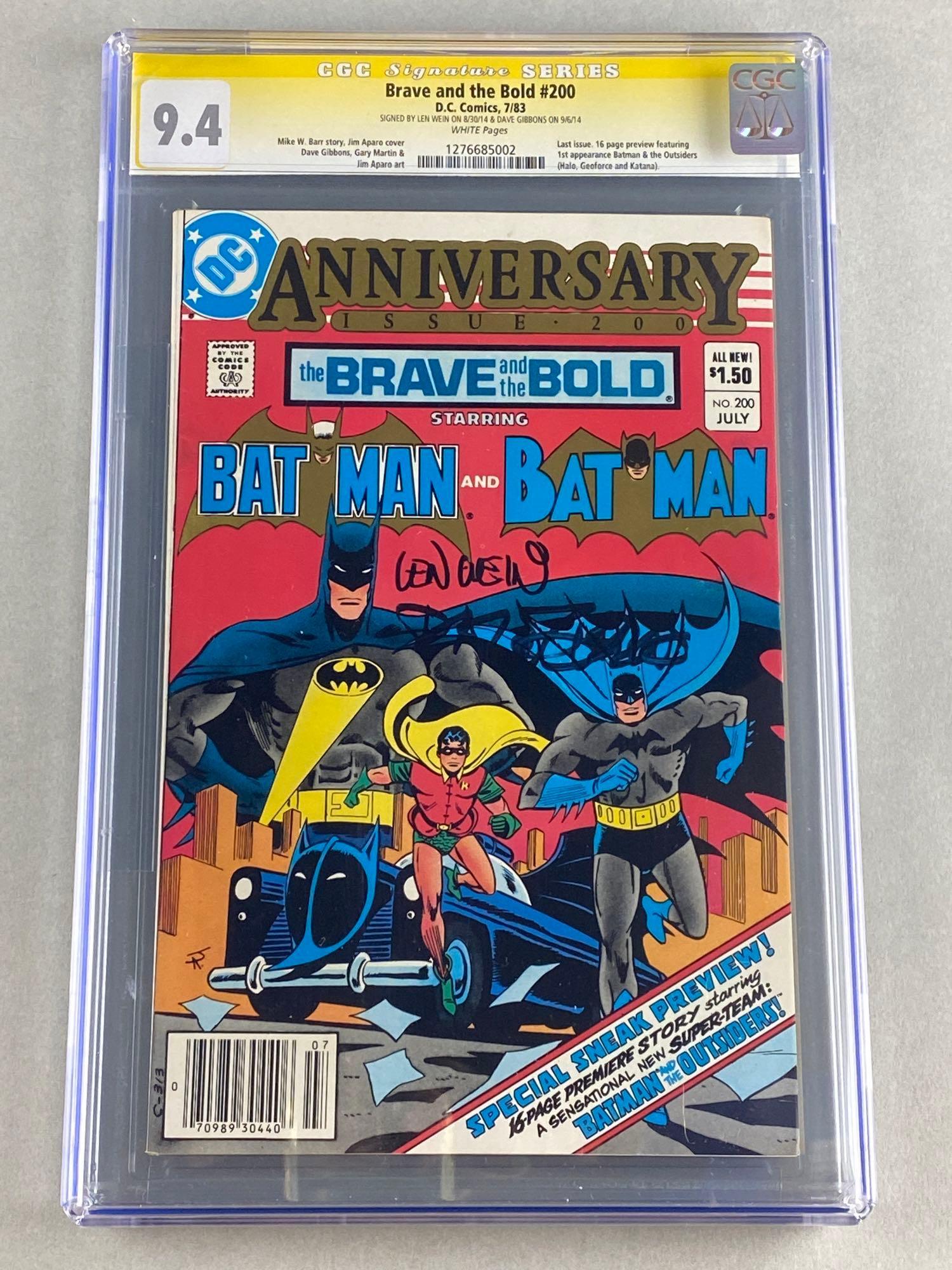 Signed CGC Graded DC Comics Brave and the Bold No. 200: Signed by Len Wein on 8/30/14 and Dave Gibbons on 9/6/14. CGC Grade 9.4, White pages, July 1983, Bronze Age, $1.50. Mike W. Barr story, Jim Aparo cover, Dave Gibbons, Gary Martin and Jim Aparo art. La