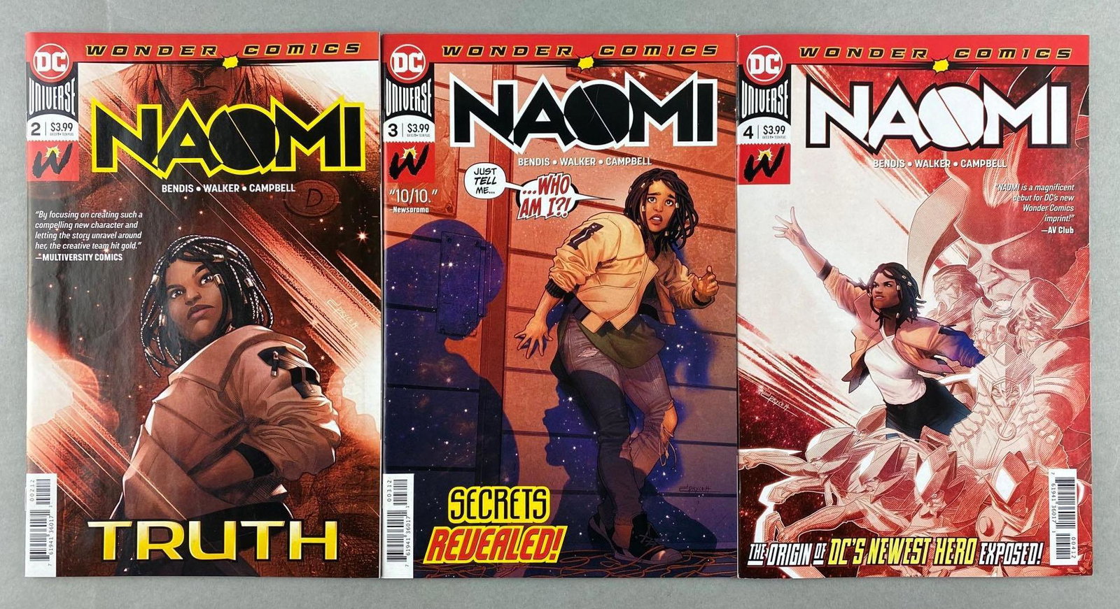 Group of 3 DC Comics Naomi Comic Books: No. 2, 3, and 4. June and July 2019, $3.99, bagged and boarded